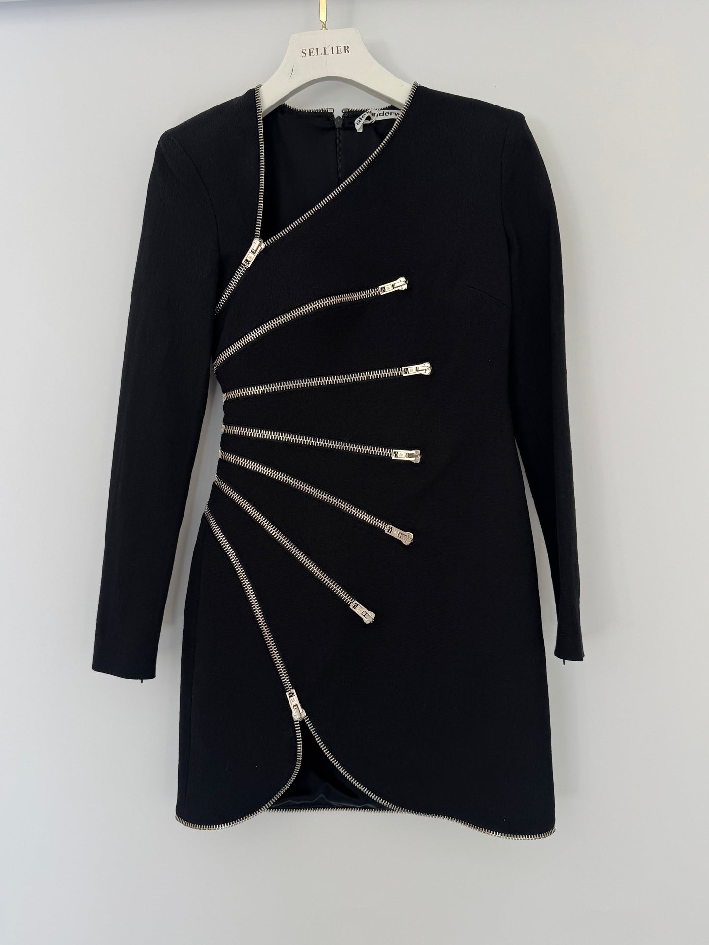 Alexander Wang Black Long-Sleeve Mini Dress with Silver Zip Detail Size US 0 (UK 4)