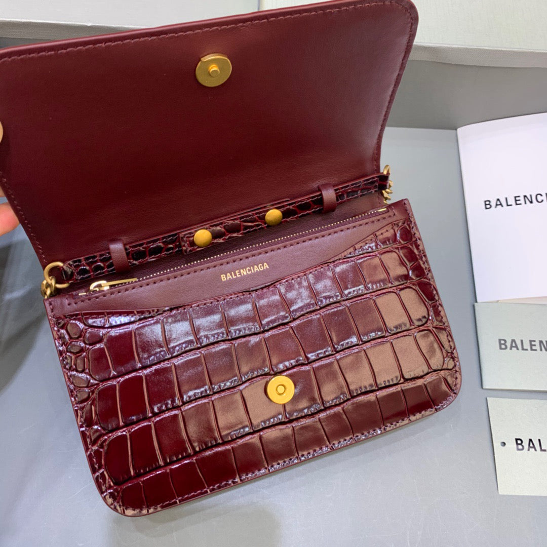 Top Quality Croc Embossed Patent B Bag With Chain In Dark Red, For Women, Bags 7.9in/20cm