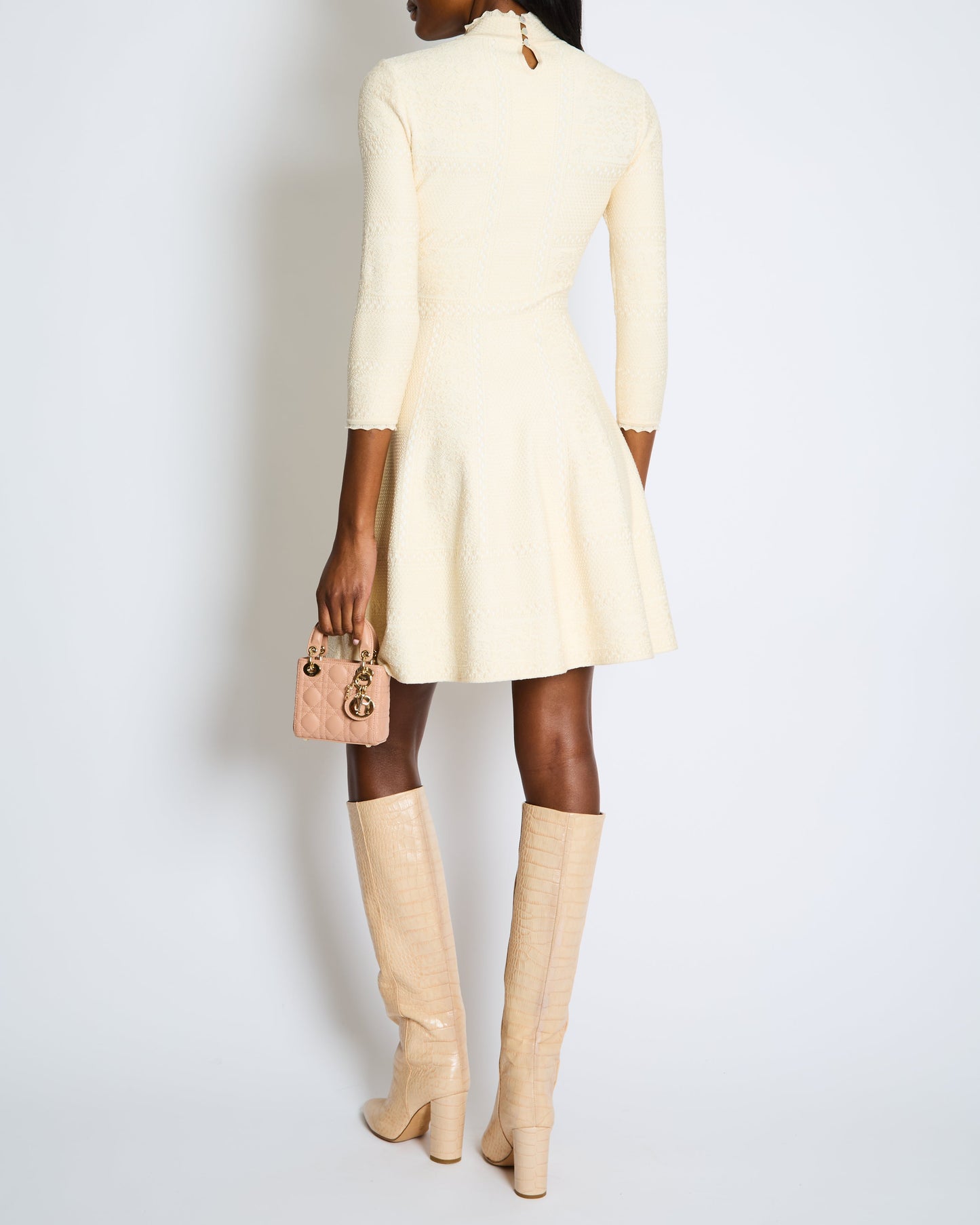 Alexander McQueen Textured Ecru Mid-Length High-Neck Dress Size UK 8