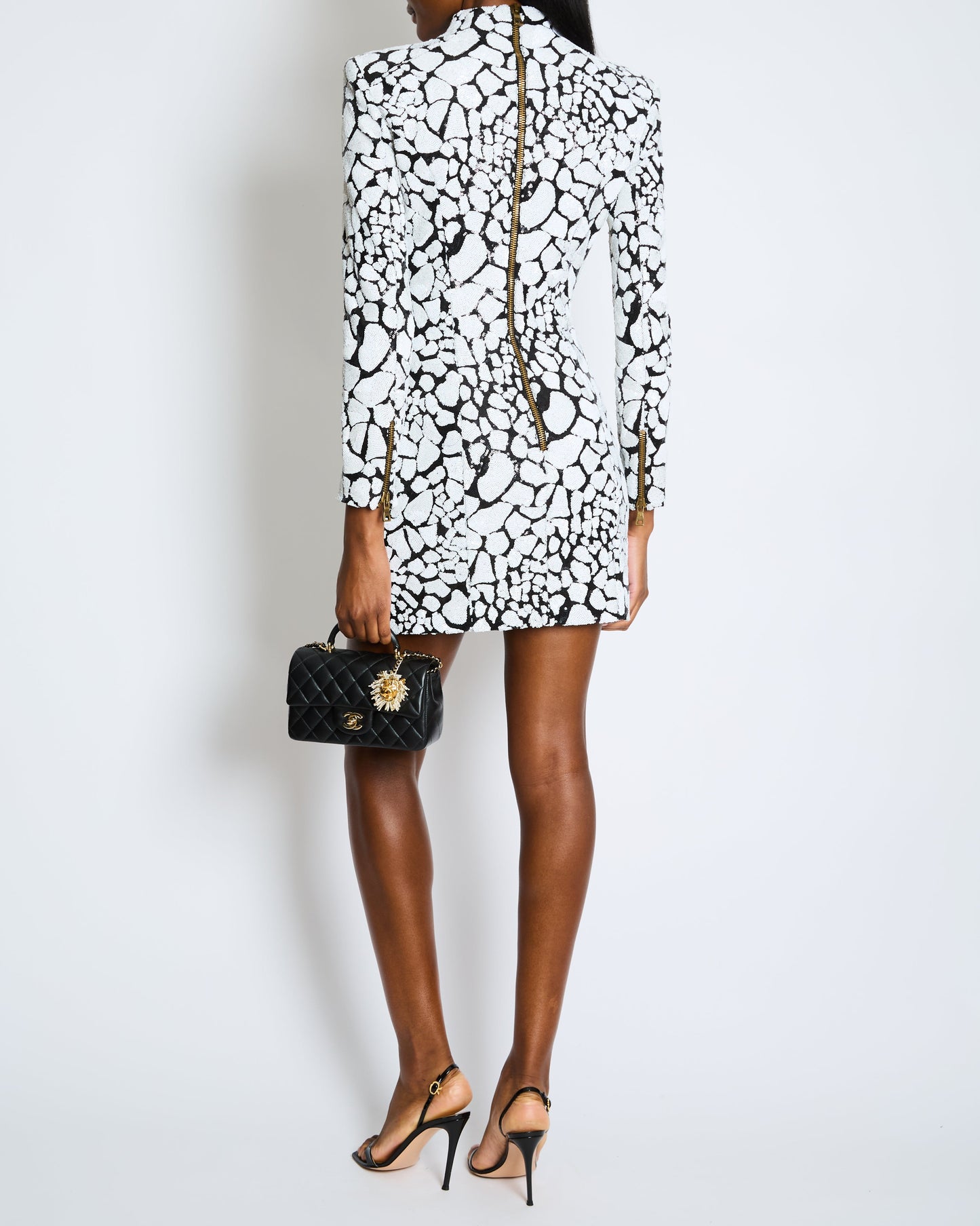 Balmain Black & White Long-Sleeve Sequined-Embellished Mini Dress Size FR 38 (UK 10)