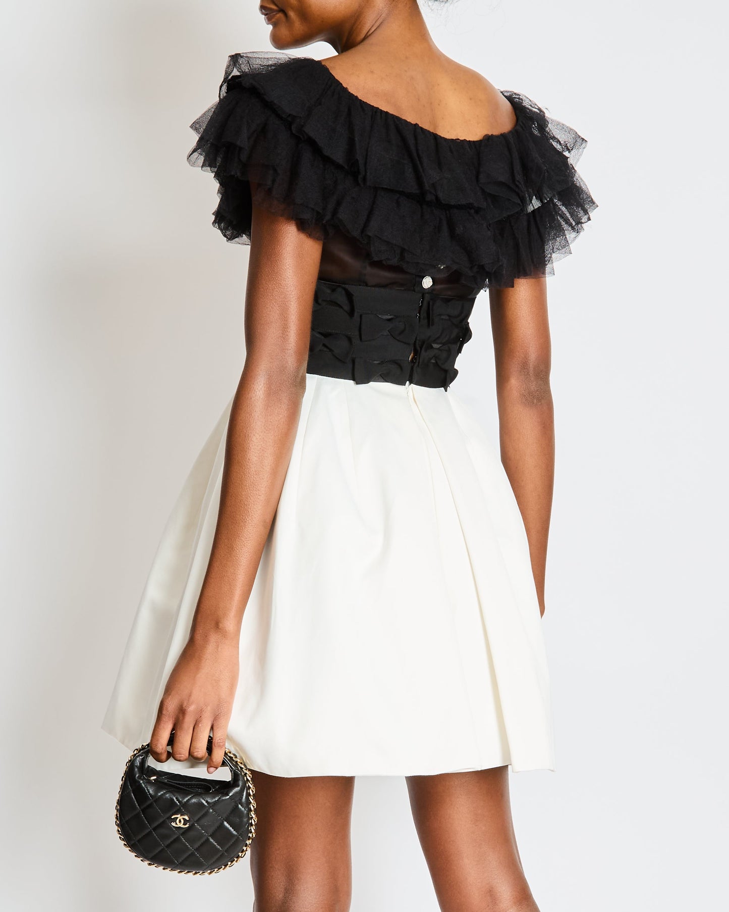 Chanel 20/S Black and White Ruffled Off-Shoulder Mini Dress with Bow Details Size FR 34 (UK 6)