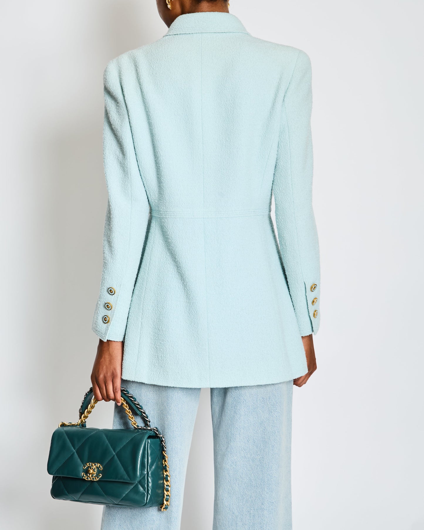 Chanel 96/C Baby Blue Double Breasted Blazer with Gold CC Buttons Size FR 46 (UK 18)