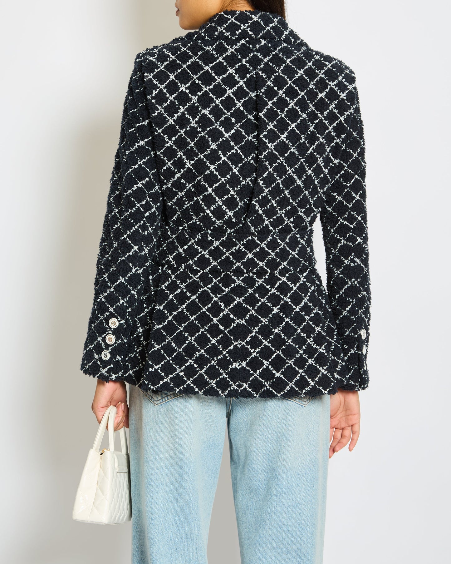 Chanel 19/C Cruise Collection Tweed Jacket in Navy and White with Mirrored Buttons Size FR 34 (UK 6)