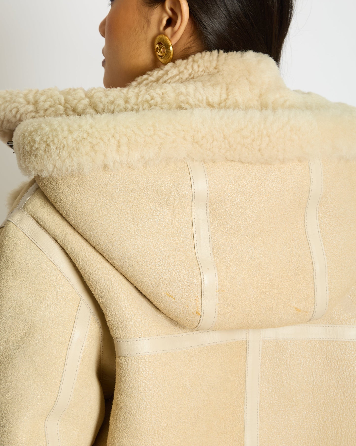 ChloŽ Beige Shearling Flight Logo Jacket with Detachable Hood Size FR 38 (UK 10)