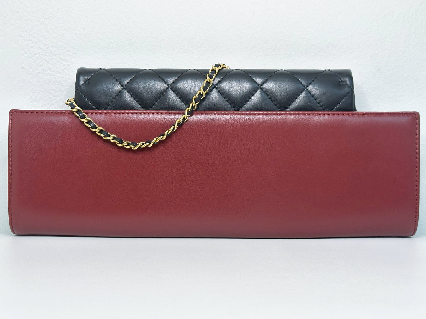 Chanel Classic Flap Gabrielle Brasserie Menu Clutch Burgundy and Black Lambskin Antique GHW 2163 holo card