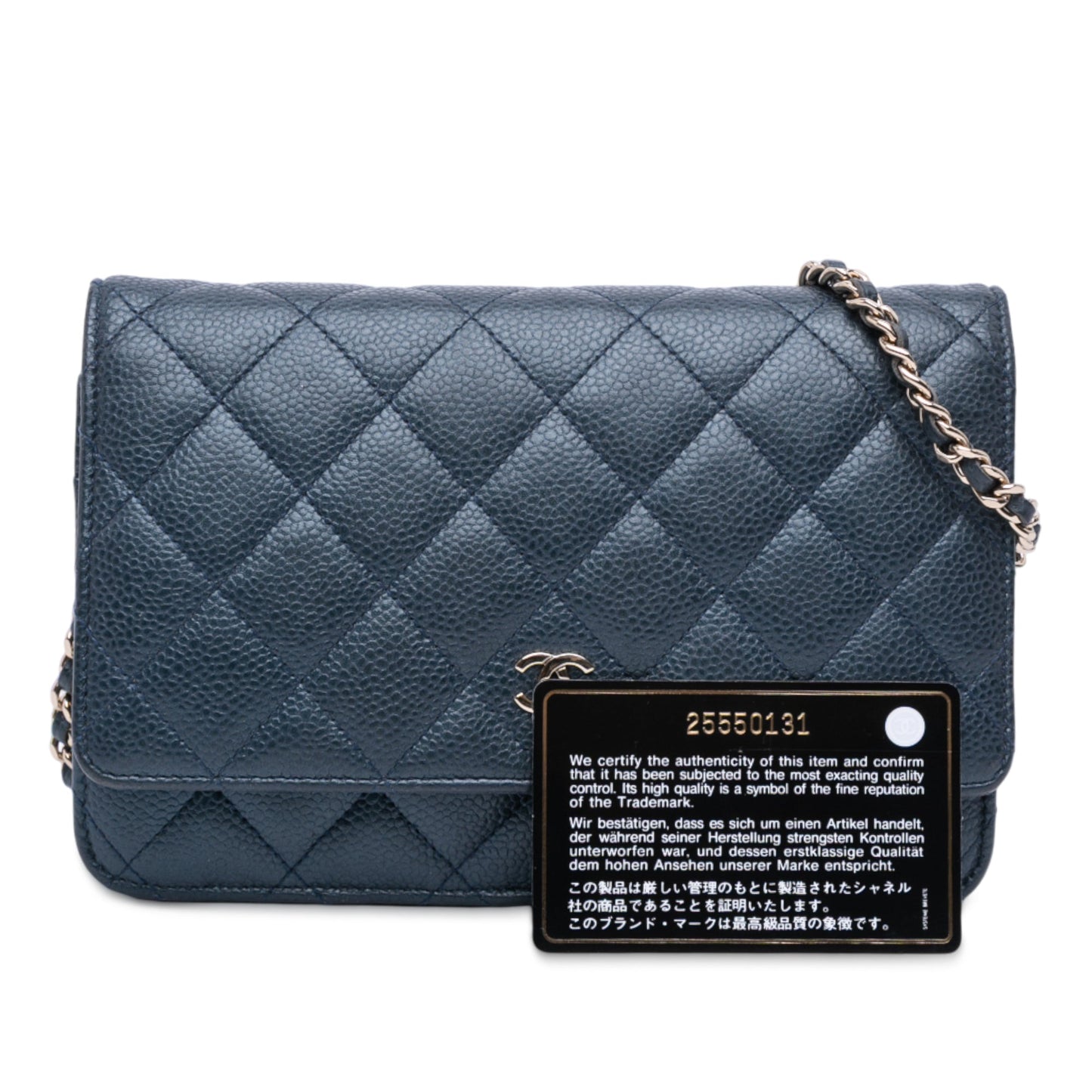 Navy Chanel CC Quilted Iridescent Caviar Wallet on Chain Crossbody Bag