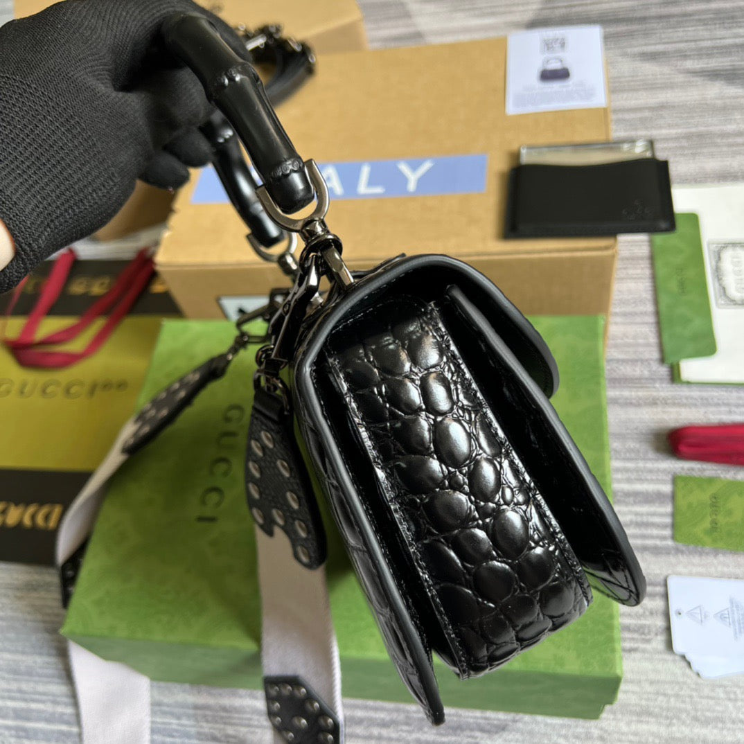gg Bamboo 1947 Crocodile Top Handle Bag Black For Women, Women’s Bags 10in/26cm gg