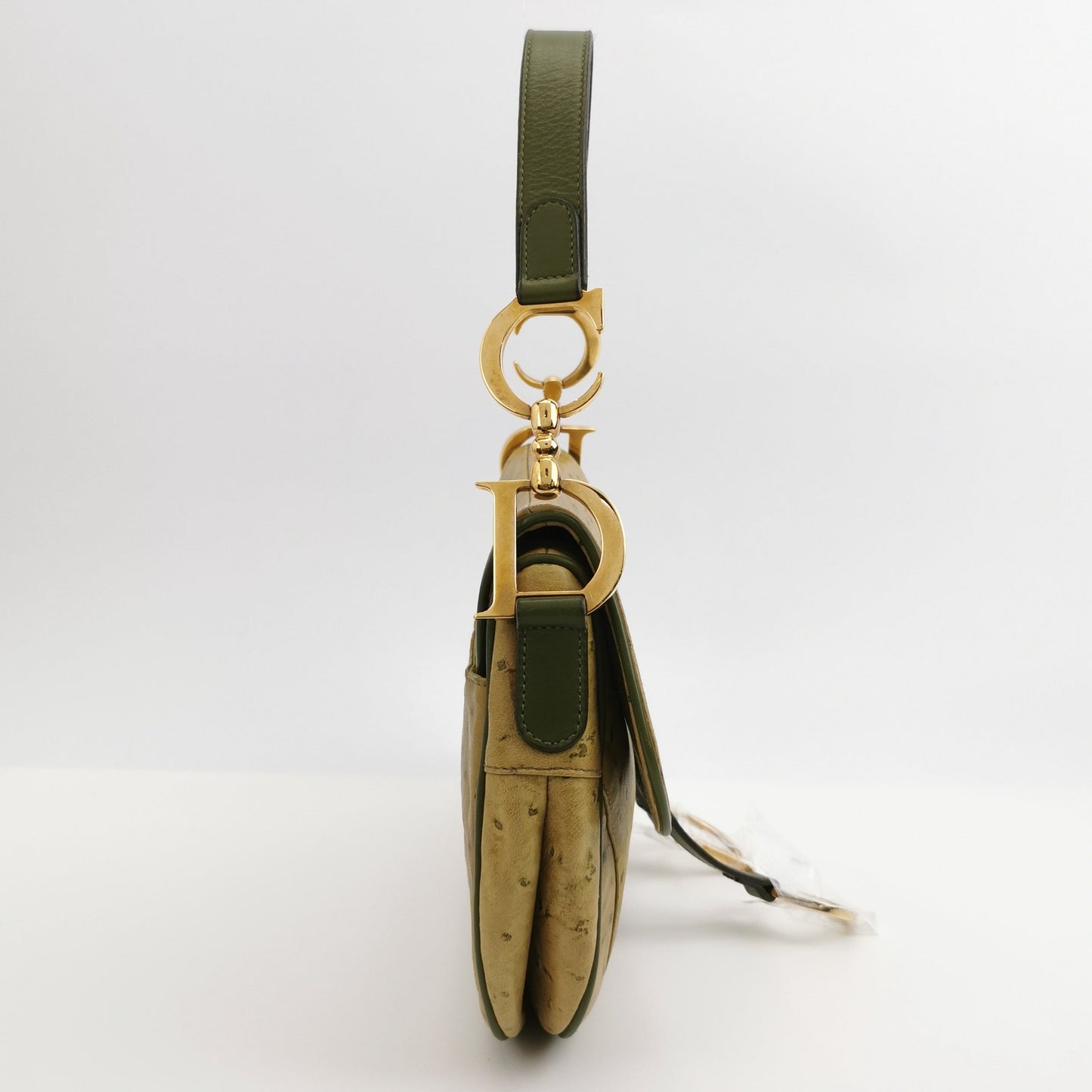 Dior Double Saddle Green Ostrich Leather Gold Hardware