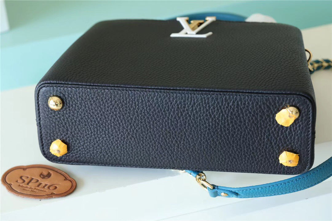 Top Quality Capucines MM Taurillon Black/ Blue For Women, Womens Bags, Shoulder And Crossbody Bags 12.4in/31.5cm Top Quality