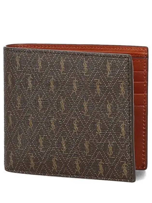 Luxury Saint Laurent Trending 2025 Men’s Monogram Canvas and Smooth Leather Half Wallet Chestnut