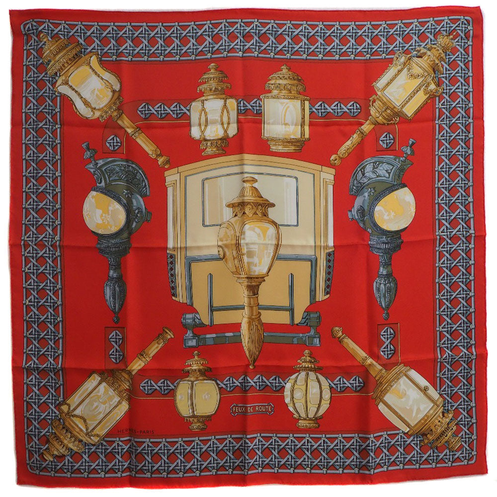 HERMES scarf silk Red Carriage lantern FEUX DE ROUTE Carre90 Women d