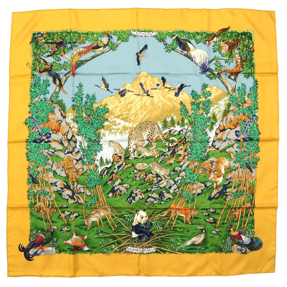 HERMES scarf silk yellow Carre90 SICHLIAN Sicilian Animals Sichuan