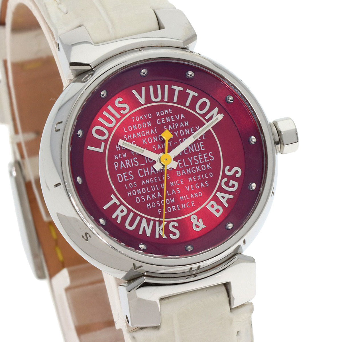 LOUIS VUITTON Watches Quartz Q121N Stainless Steel, Leather Silver Tambour TRUNKS&BAGS Red dial Women