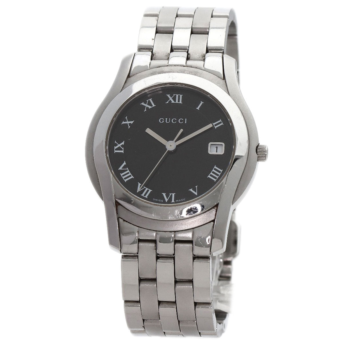 GUCCI Watches Quartz 5500M Stainless Steel , Stainless Steel Silver Round face black dial mens d