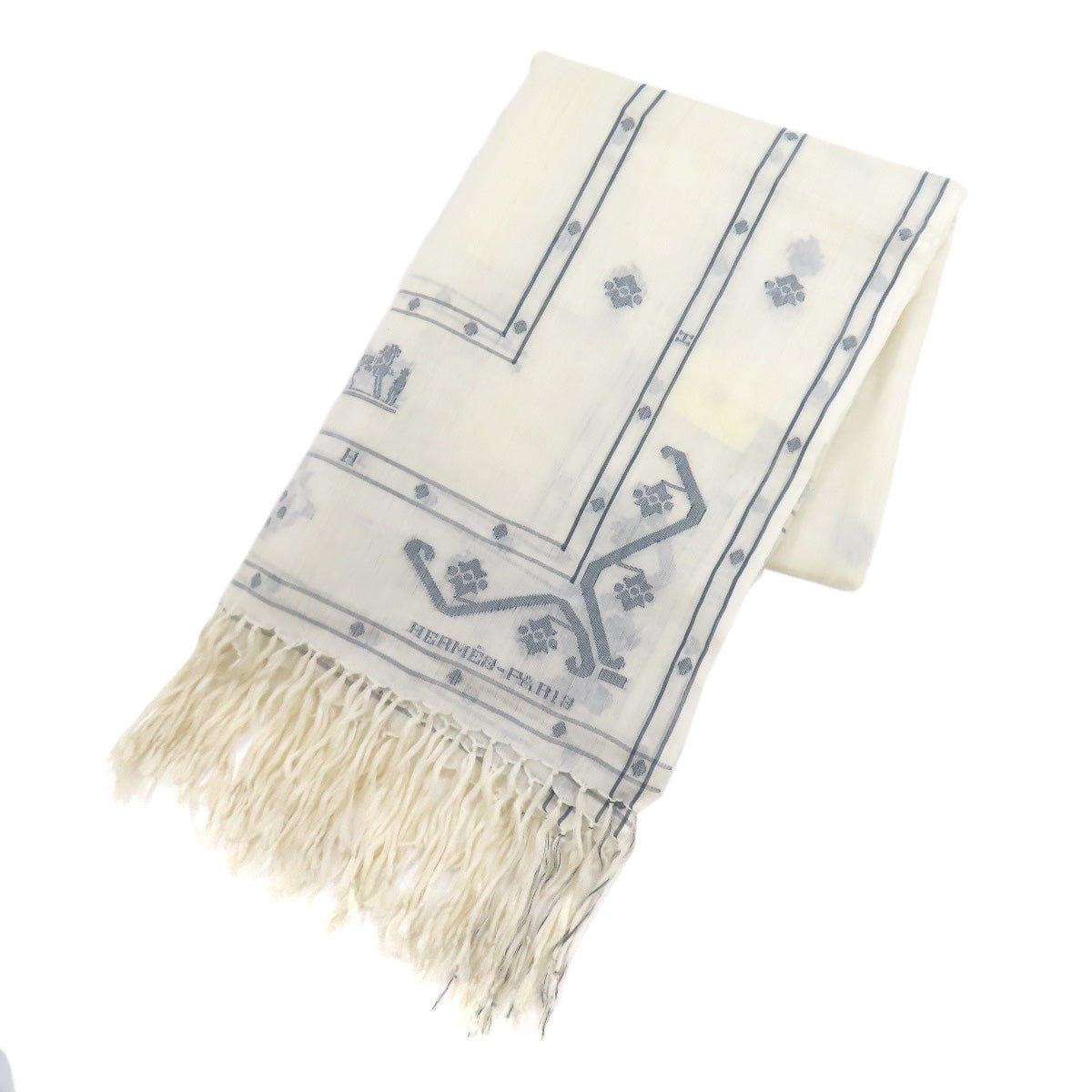 HERMES Stall Silk, Cotton white Carriage Pattern Women d