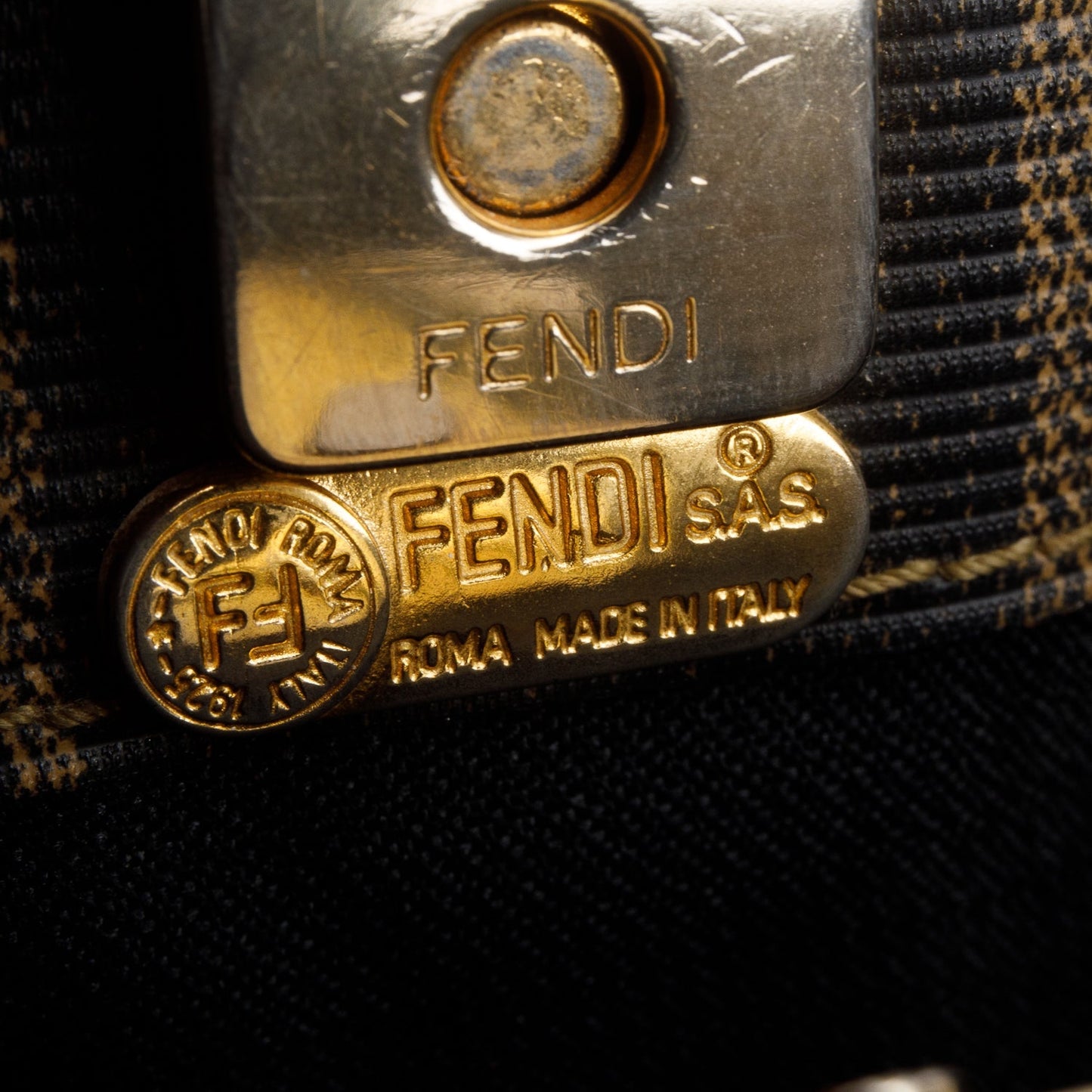 Fendi Leather Trimmed Brown Pequin Logo Tote