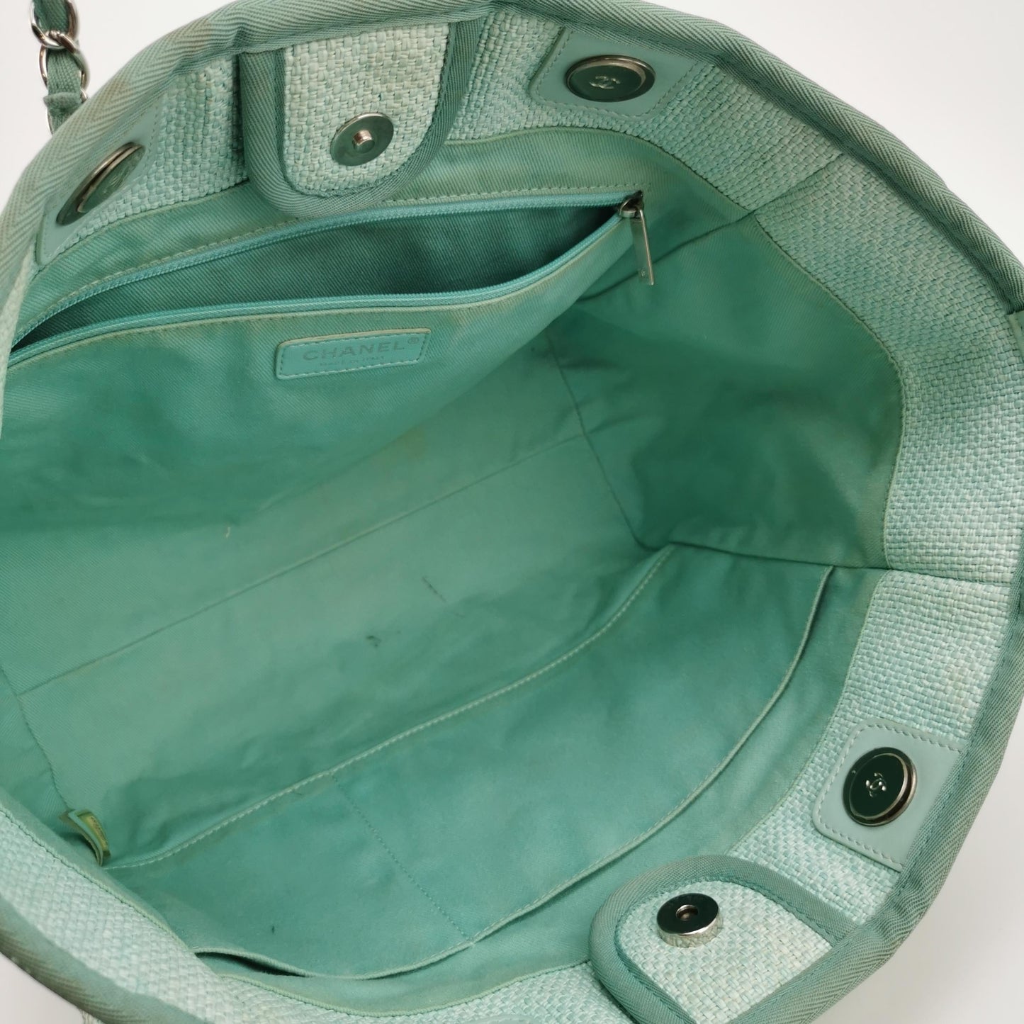 Chanel Deauville Tote Light Blue Cloth Leather Chain Handle Small 34cm