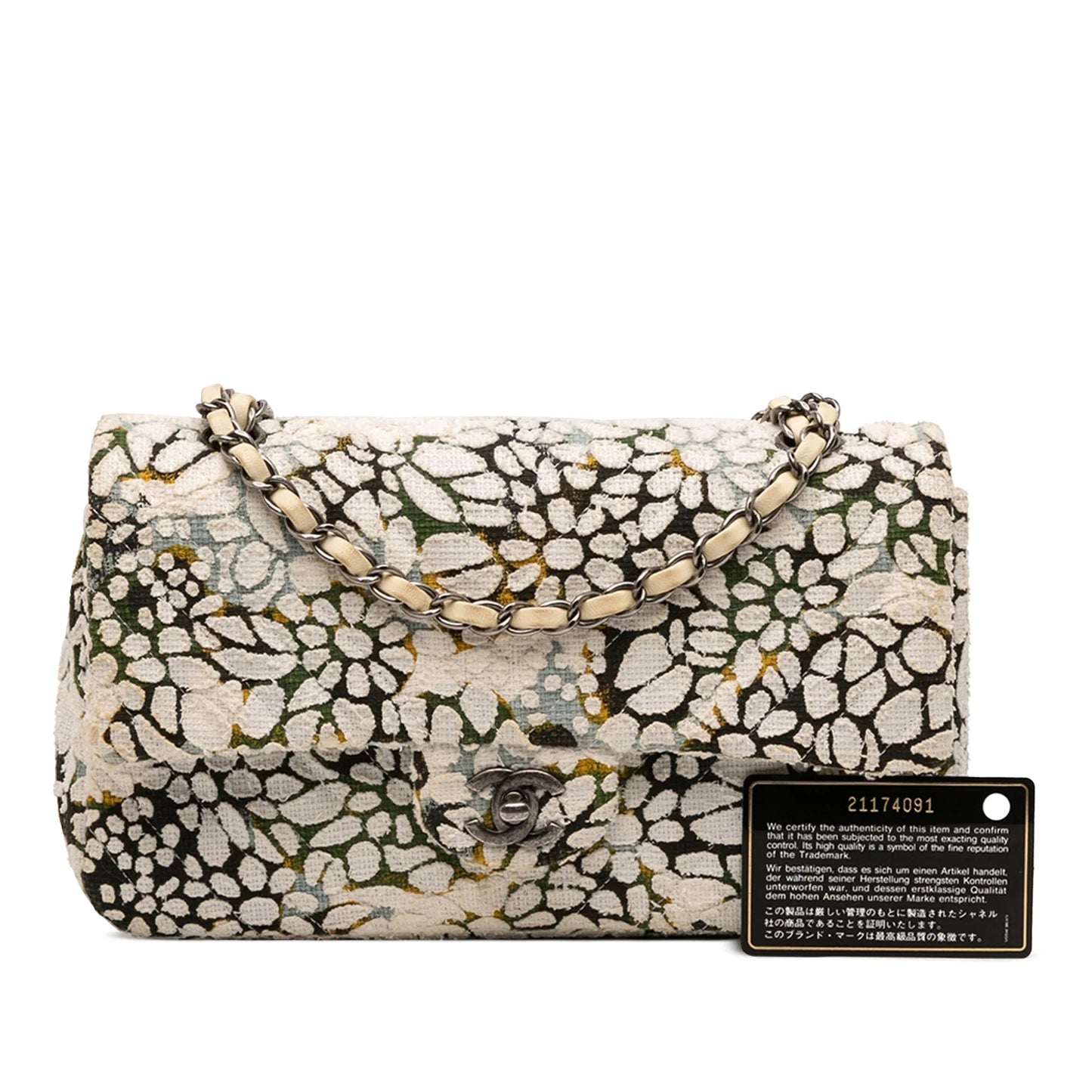 White Chanel Medium Classic Chevron Tweed Floral Double Flap Shoulder Bag