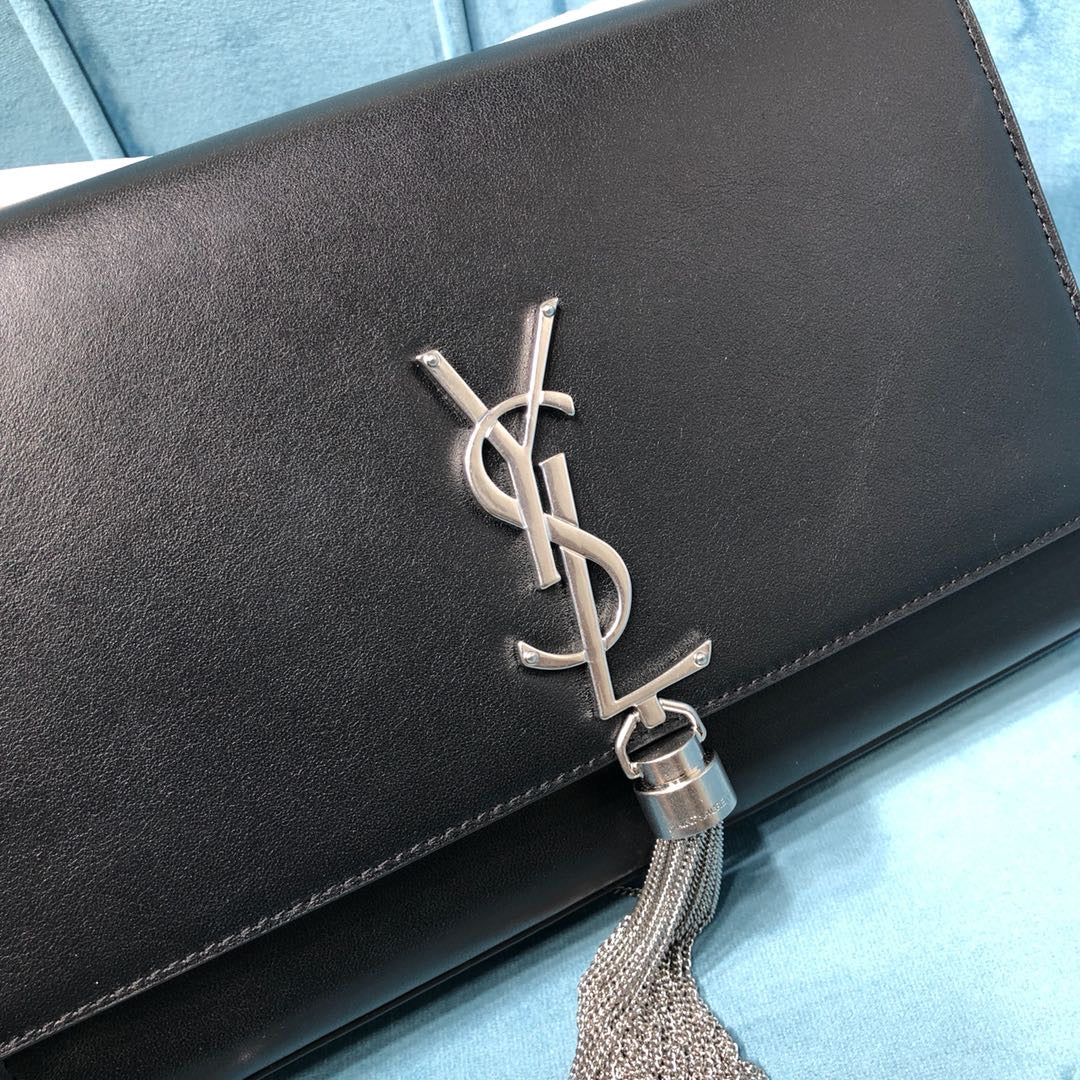 Top Quality Kate MeTop Qualityum Chain Bag With Tassel In Grain De Poudre Black For Women 9.4in/24cm YSL 354119BOW0N1000