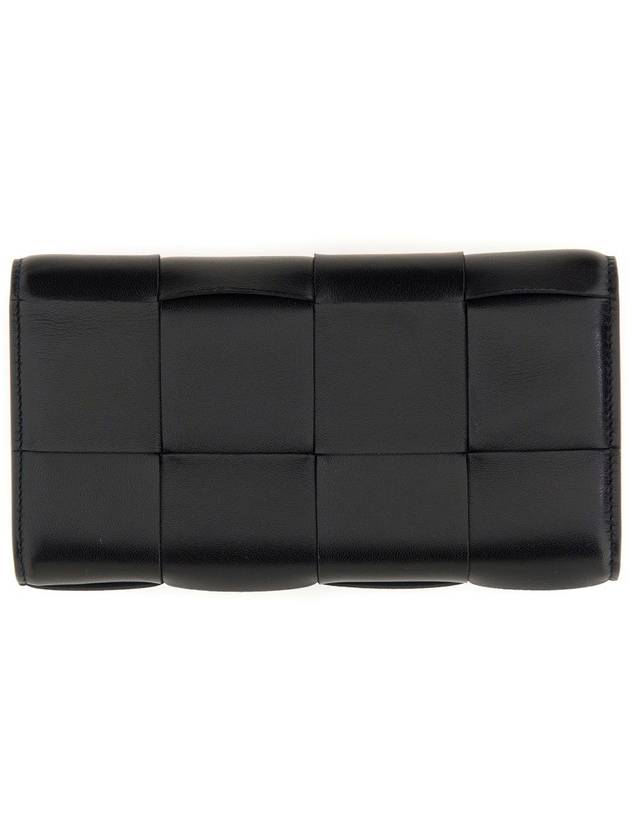 Luxury Bottega Veneta Cassette Flap Leather Long Wallet Black