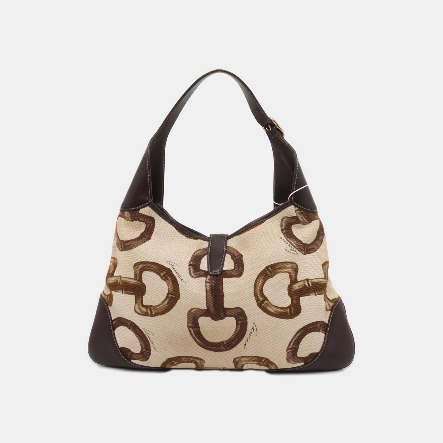 Gucci Jackie Medium Horsebit Print Cloth and Brown Leather Gold Hardware