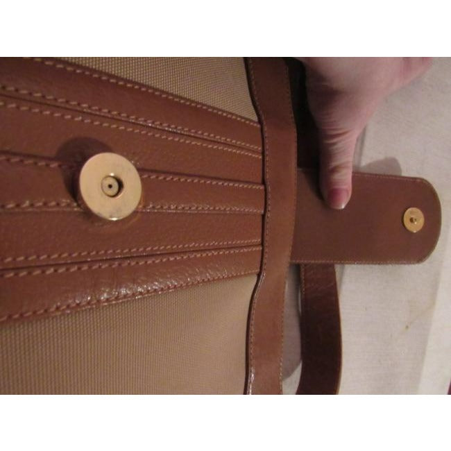 Gucci Tan Canvas Medium Brown Leather With Elaborate Center Clasp Leather