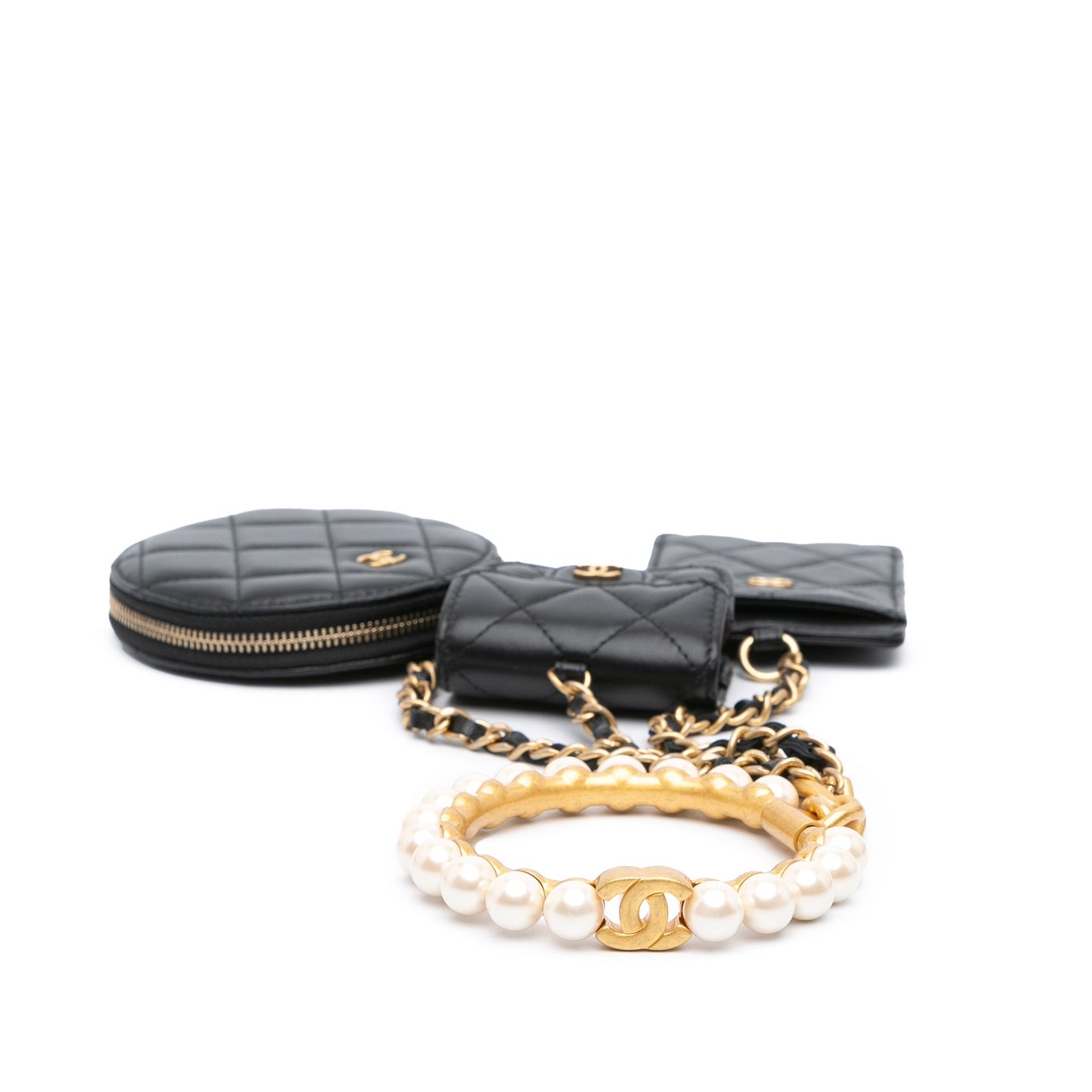 Black Chanel Lambskin Pearl Crown CC Wristlet Multi Pouches Clutch Bag