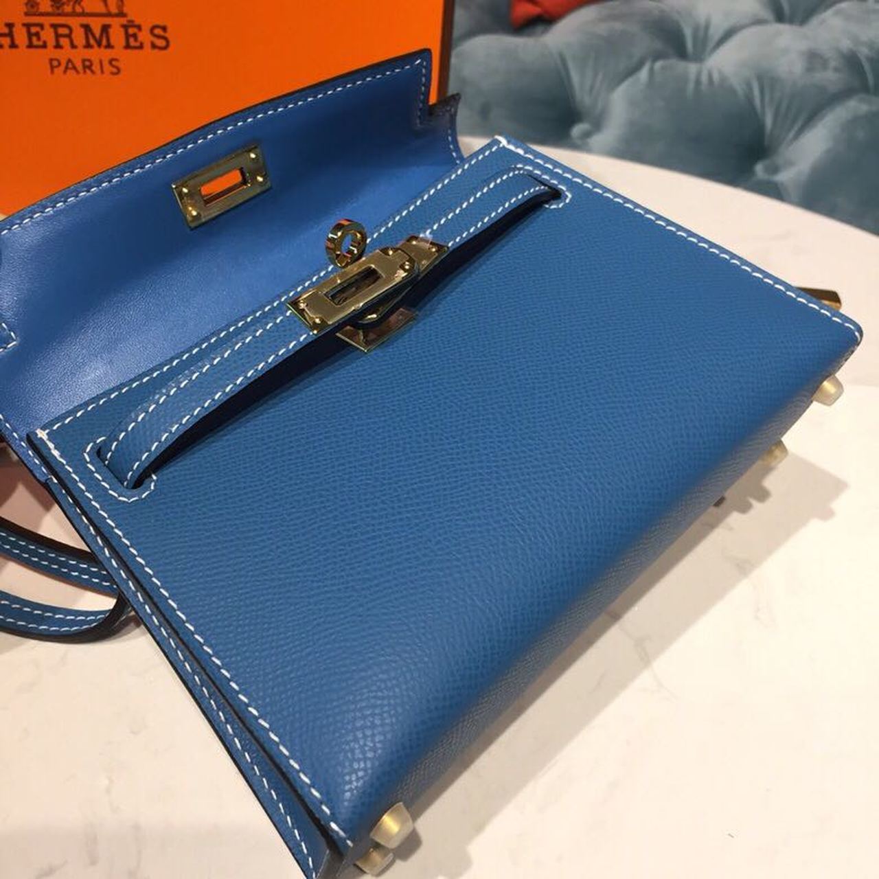 Top Quality Mini Kelly Blue Zanzibar For Women Gold Toned Hardware 7.5in/19cm
