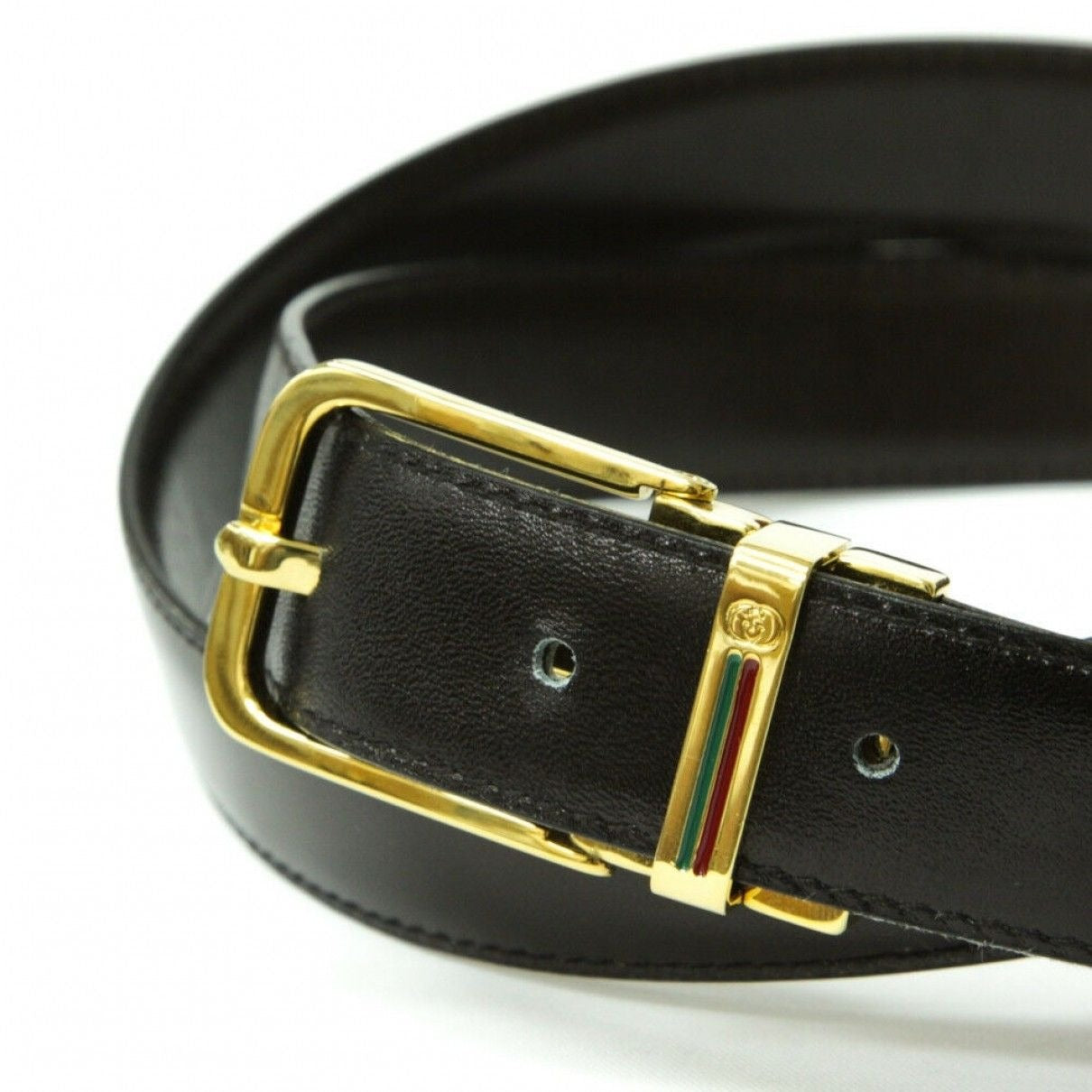 , NOS, Gucci, brown or black leather, 38" - 42", reversible belt with a removable, rectangular, gold tone buckle with red and green