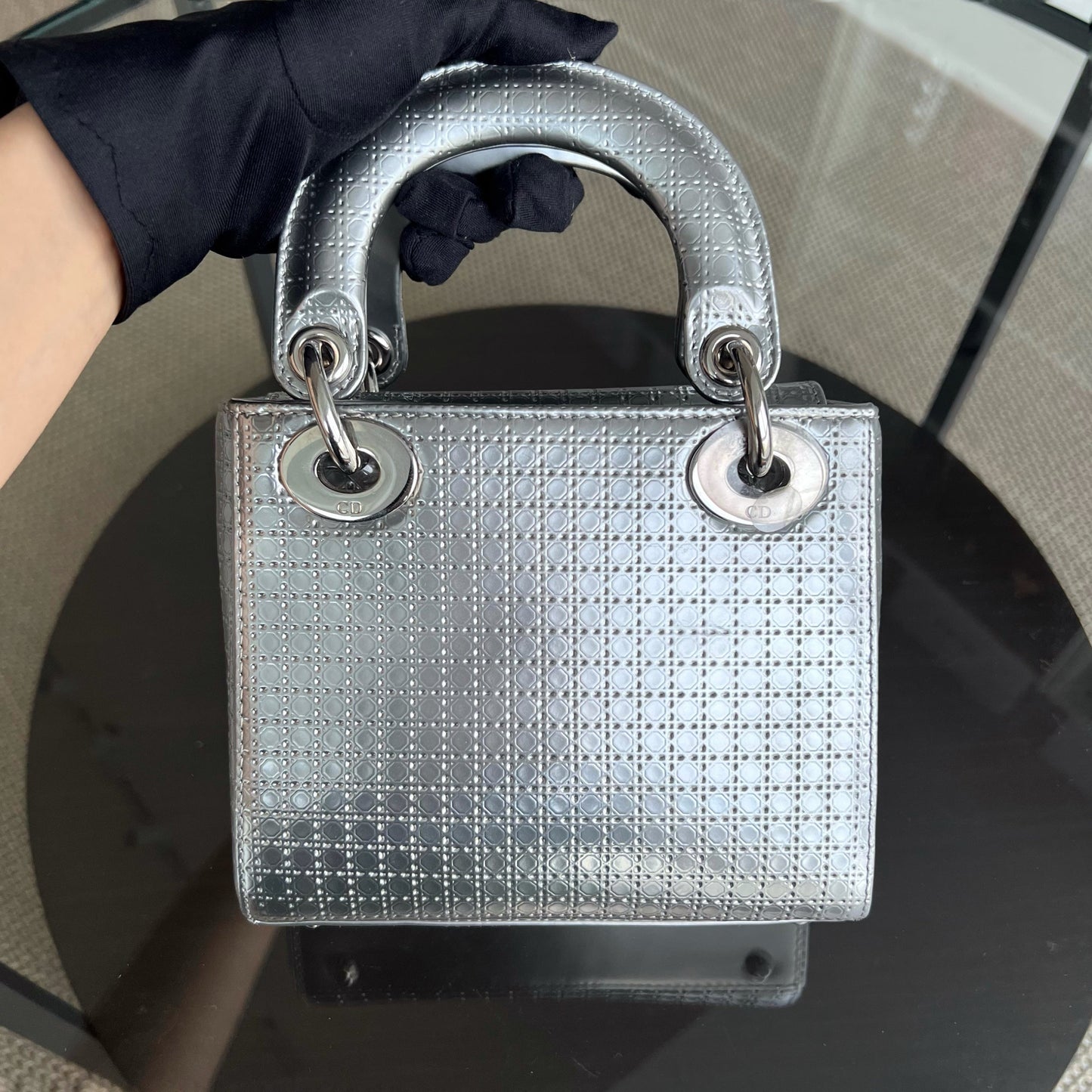 Dior Lady Mini - Metallic Calfskin Micro Cannage Silver Hardware Chain strap