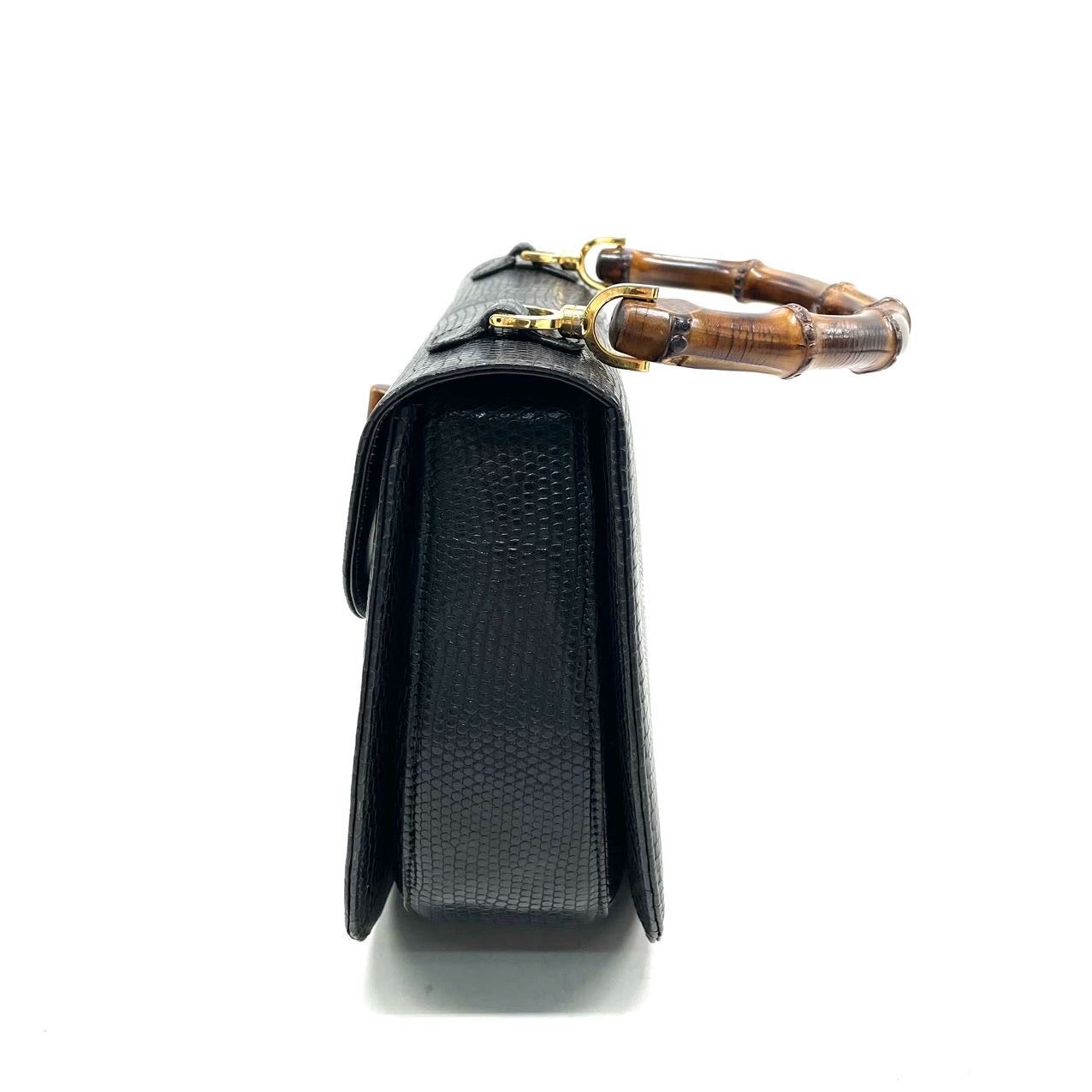 Gucci Bamboo 1947 Rare Lizard-skin Leather Large Black with Strap