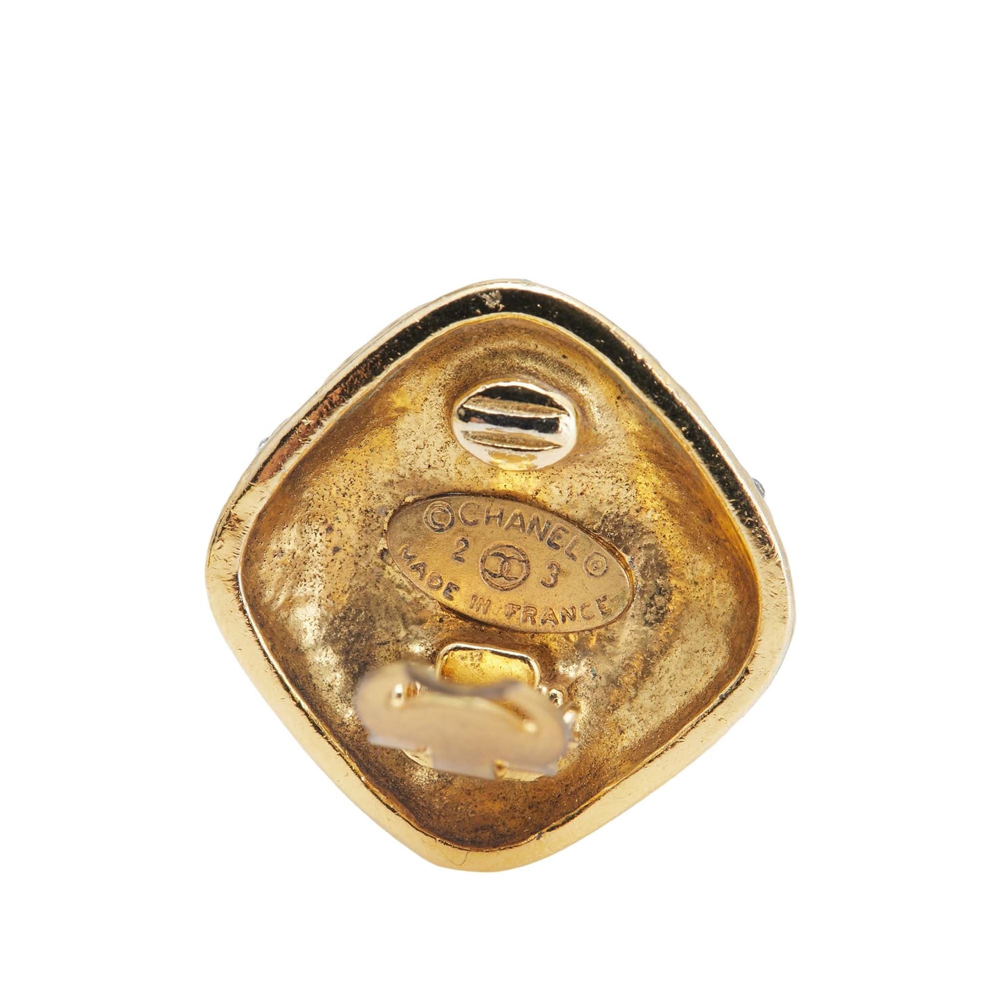 Gold Chanel Gold Plated Quilted Diamond Crystal Clip On Earrings