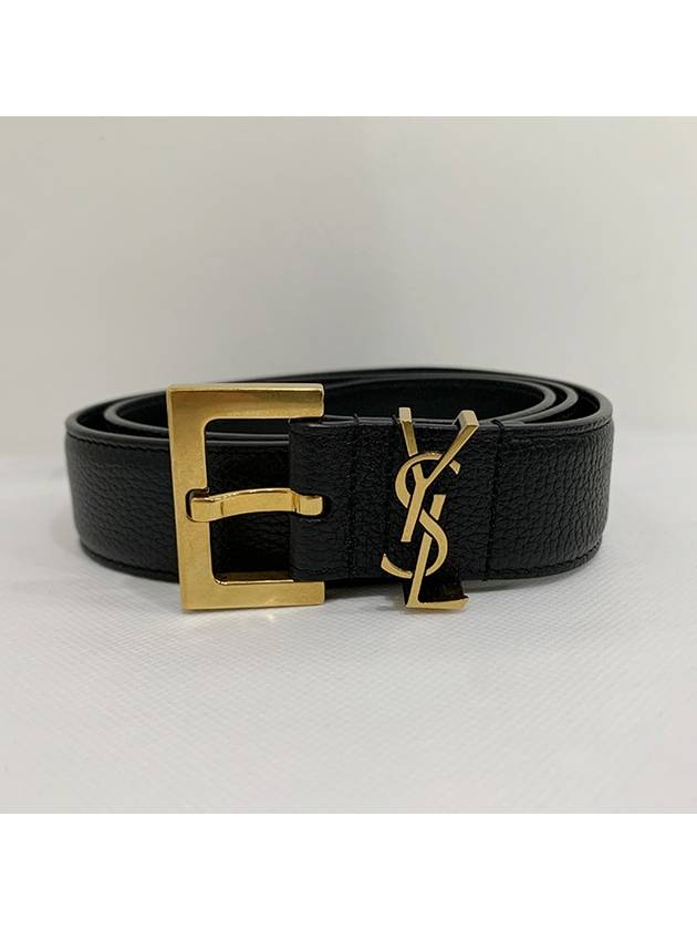 Luxury Saint Laurent Trending 2025 Cassandre Belt with Square Buckle in Grained Leather Black