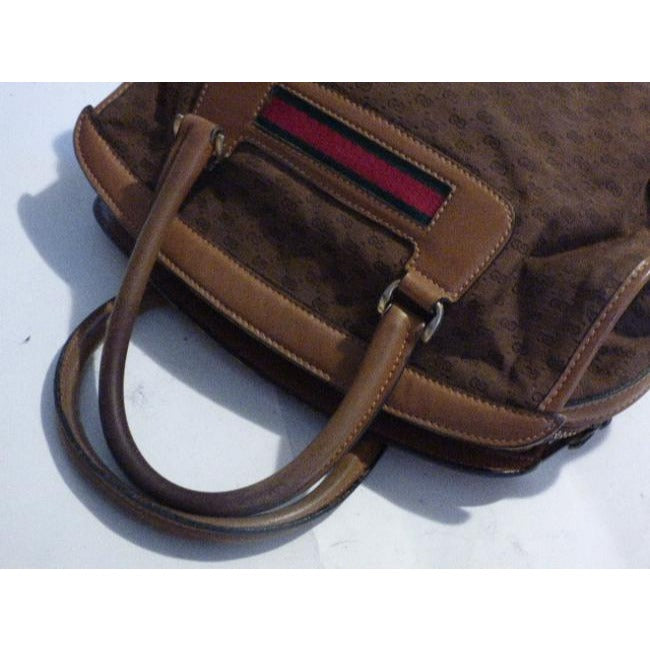 Gucci Dark Brown Small G Logo Print Fabric And Camel Leather With Red Green Stripe