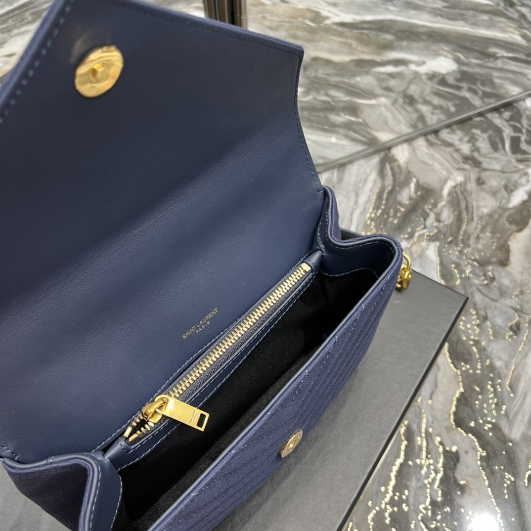 YSSL Envelope Medium Bag Marine In Mix Matelassé Grain De Poudre Embossed Material For Women 9in/24cm YSL 600185BOW914147