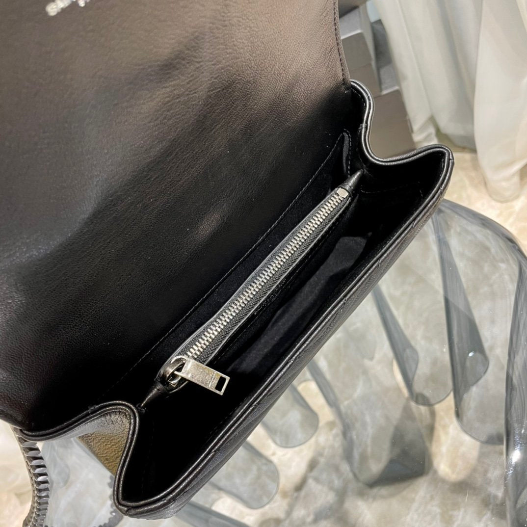 YSSL College Medium Chain Bag Black Silver Toned Hardware For Women 9in/24cm YSL 600279BRM041000