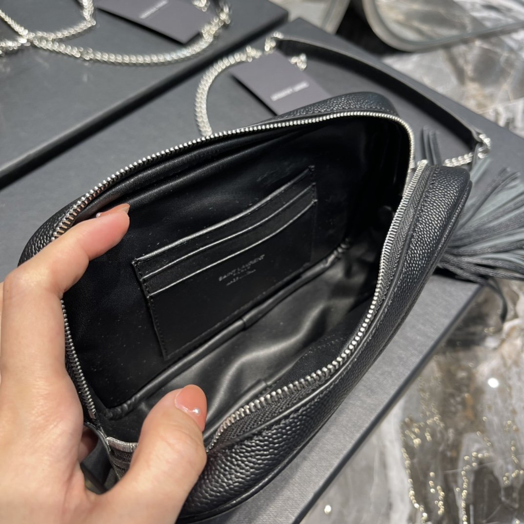 YSSL Lou Mini Bag Black In Quilted Grain De Poudre With Silver Toned Hardware For Women 7in/19cm YSl 6125791GF021000