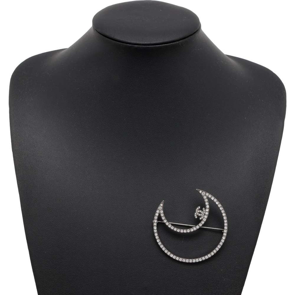 CHANEL Brooch Moon Motif Rhinestone Silver Metal