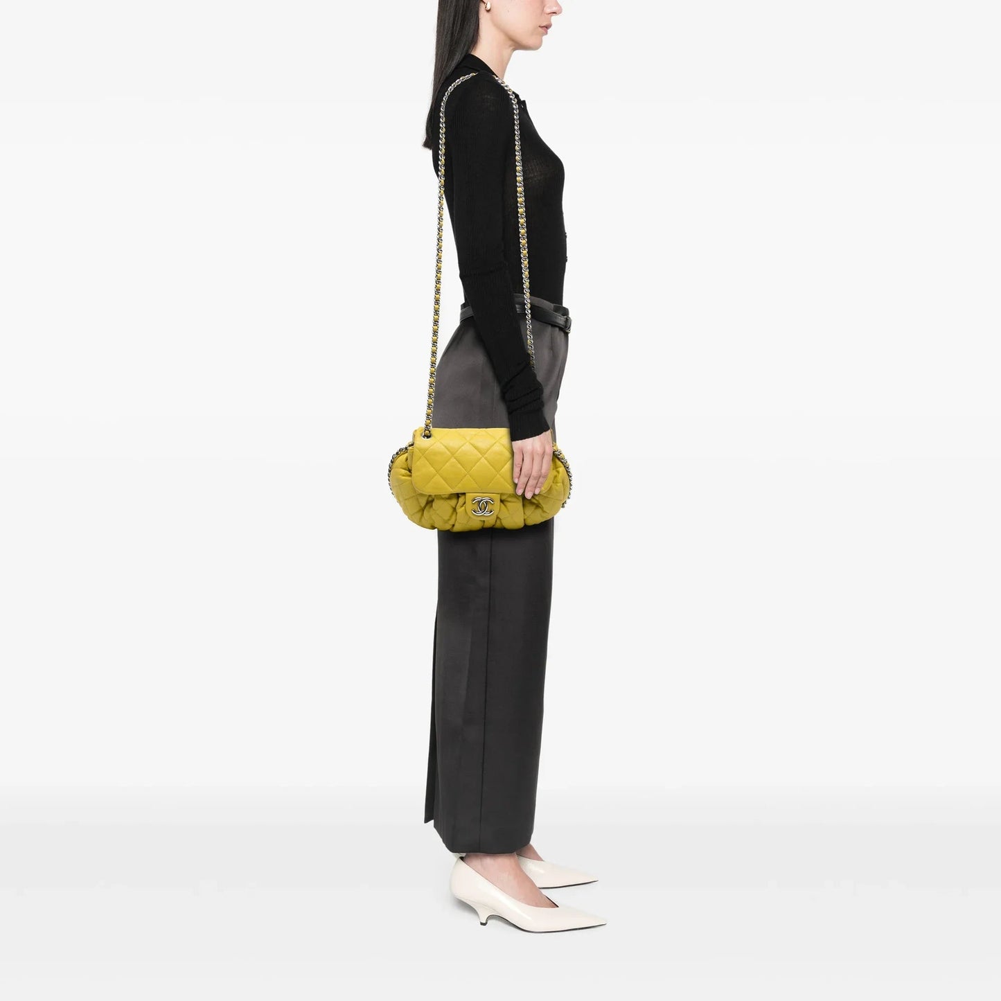 Yellow Chanel CC Quilted Lambskin Chain Around Flap Crossbody Bag