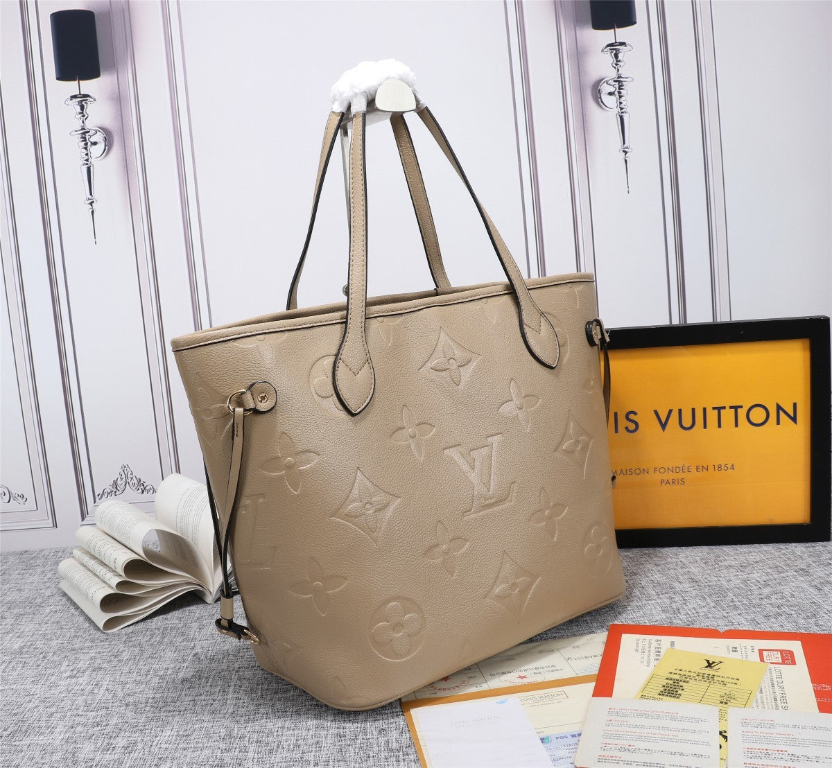 Top Quality Neverfull MM Tote Bag Monogram Empreinte Tourterelle Gray For Women, Shoulder Bags 12.2in/31cm Top Quality M45686