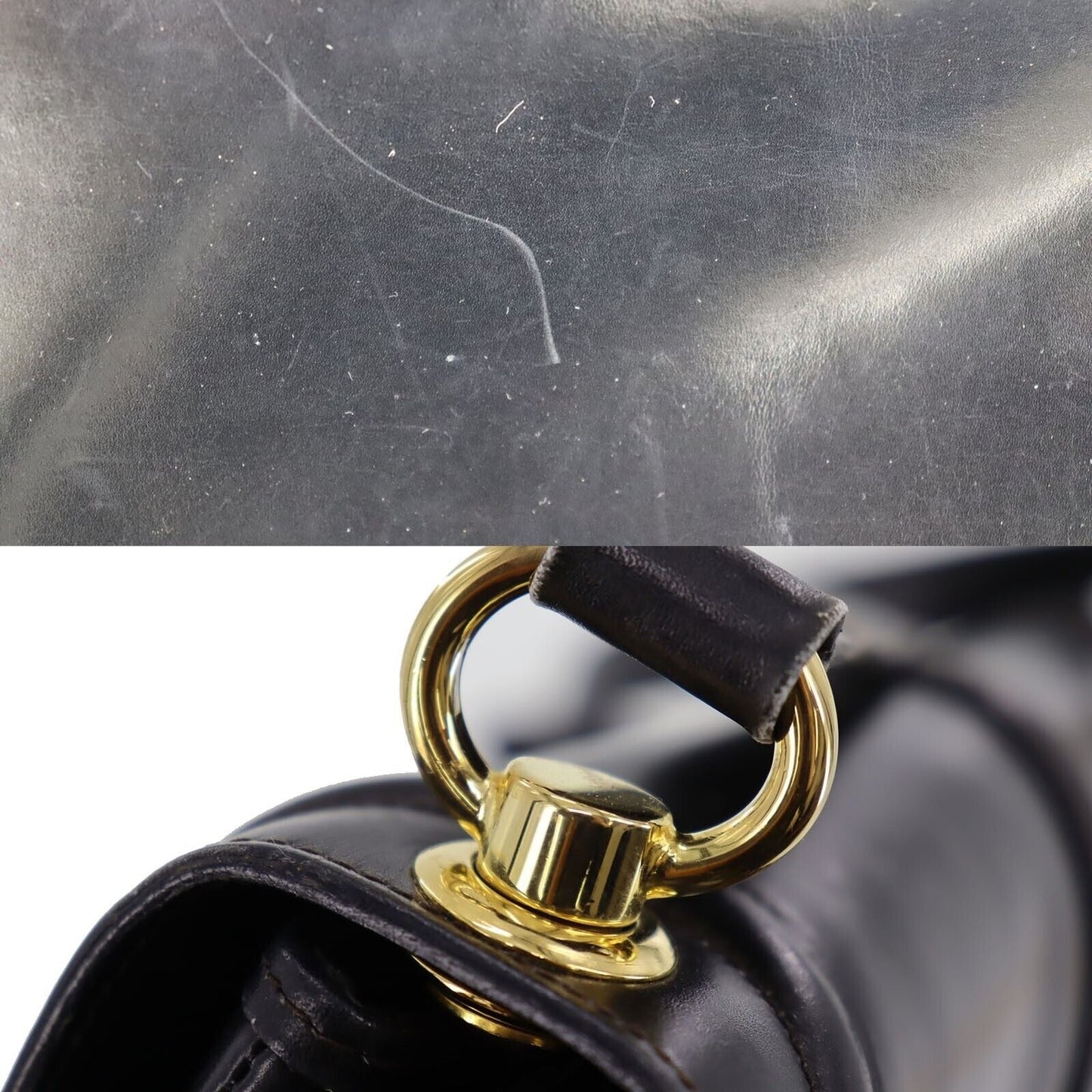 , navy leather, Gucci shoulder bag with XL gold & tan leather horsebit accent with cut-out & 'GUCCI' engraved on top