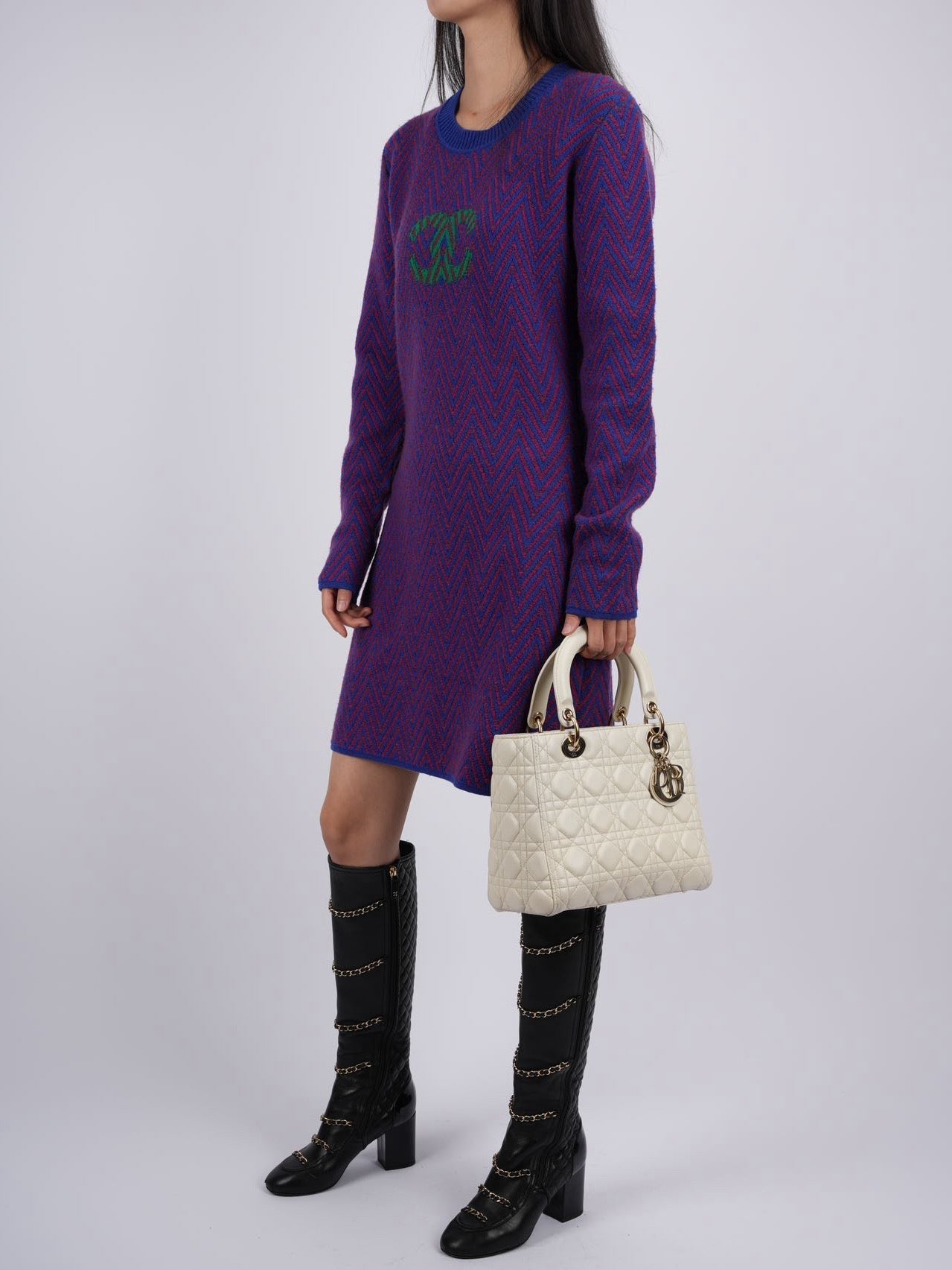 CHANEL 100% cashmere blue red chevron green CC logo sweater dress FR 38