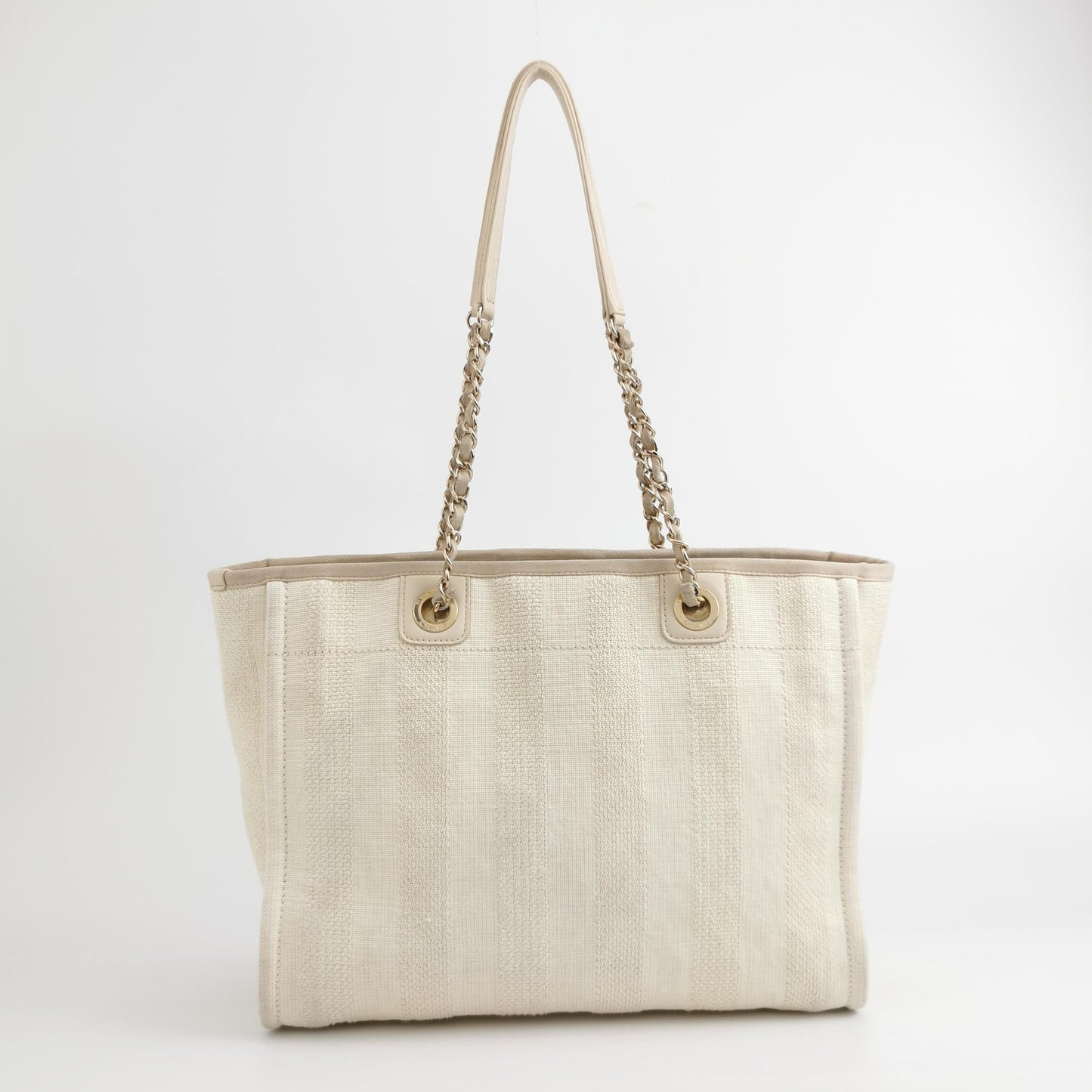 Chanel Deauville Tote Light Beige Stripes Cloth Leather Chain Handle Small 34cm