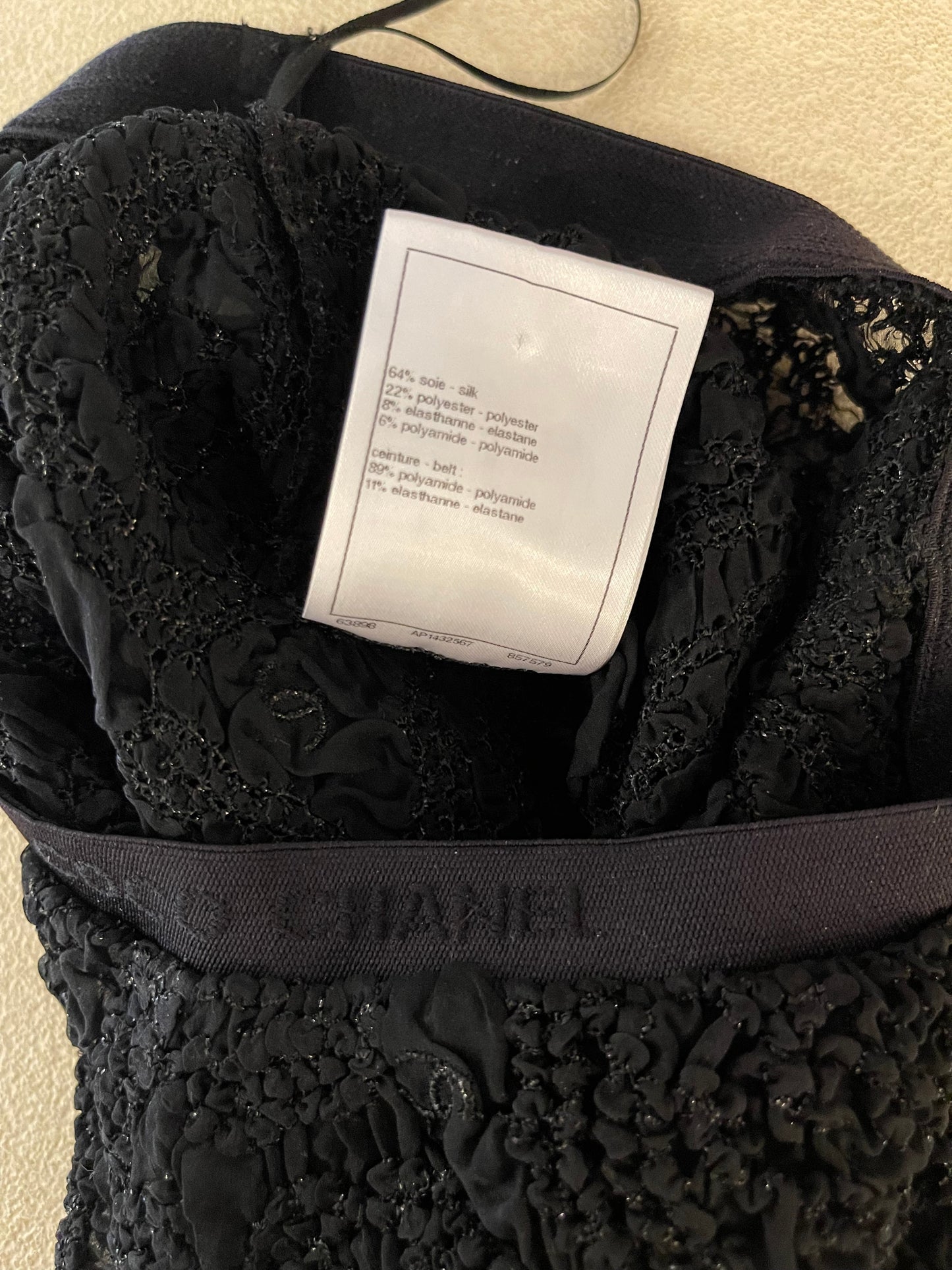 Chanel Black Lace Tulle Top and Cyclist Shorts Set with Camelia Details and Crystal CC Logos Size FR 34 (UK 6)