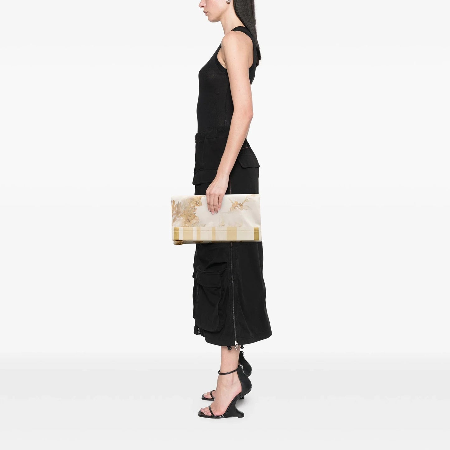 White Chanel XL Printed Canvas and Striped Lambskin Foldover Clutch