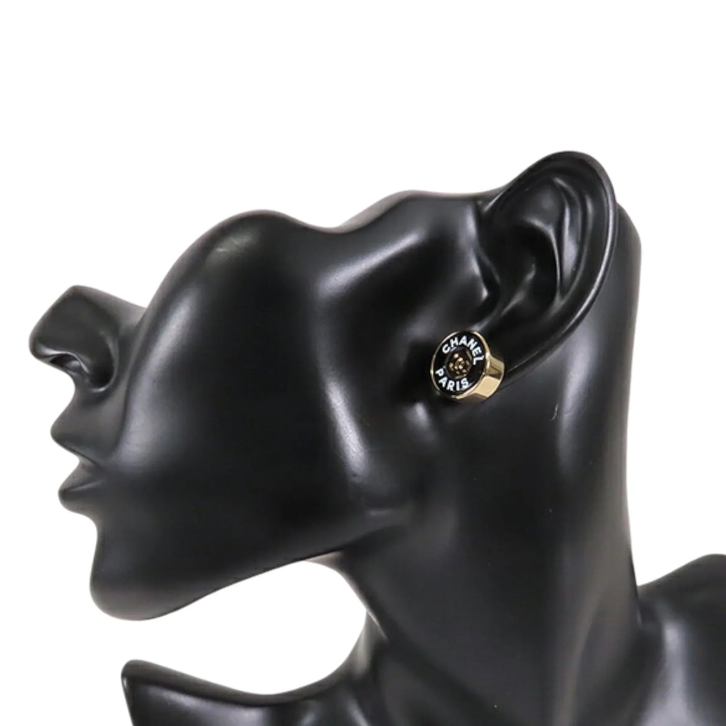 Black Chanel Gold Plated Enamel Logo Button Bullet Back Earrings