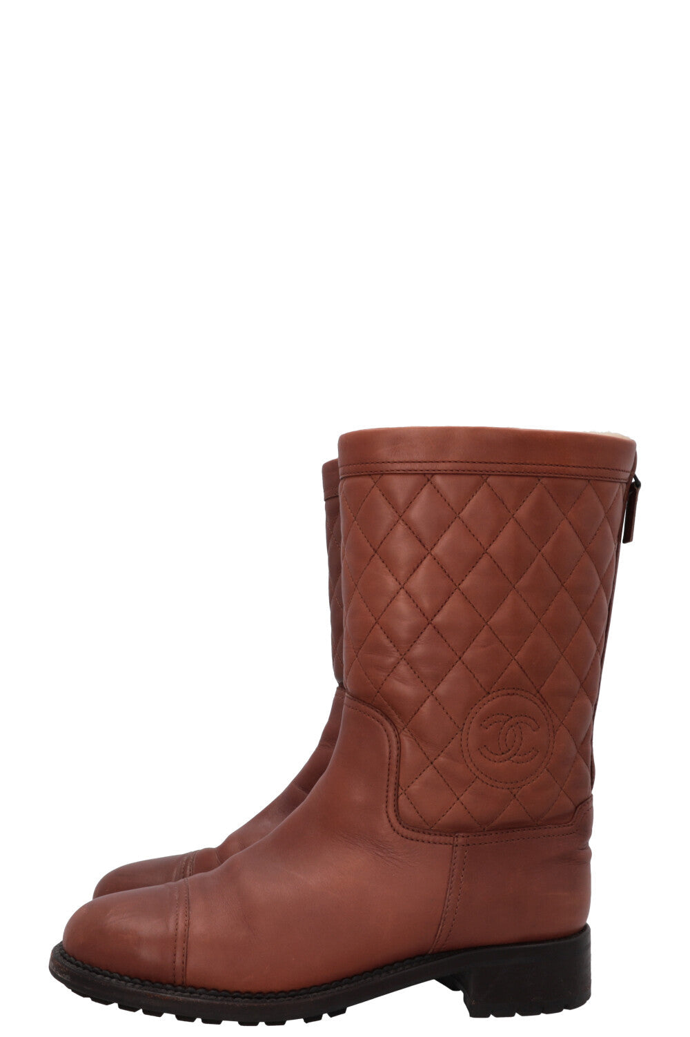 CHANEL Quilted Shearling Ankle Boots Leather Brown