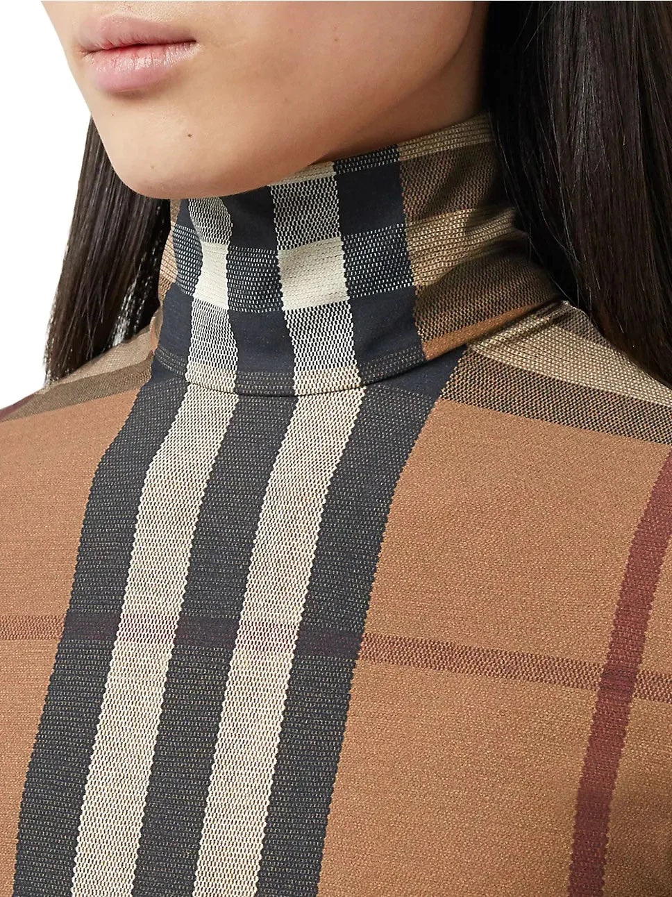 BURBERRY EMERY CHECK JERSEY TURTLENECK TOP
