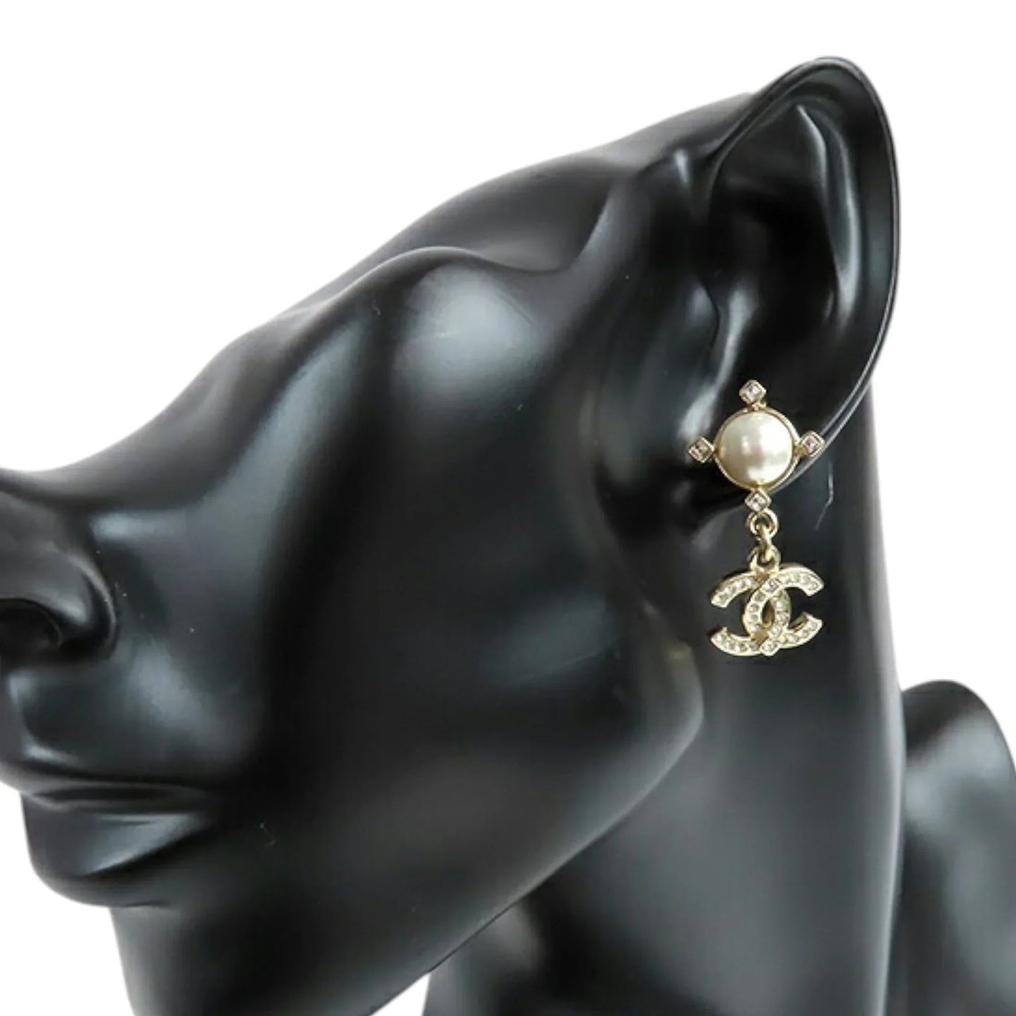 Gold Chanel CC Gold Plated Faux Pearl Swing Push Back Earrings