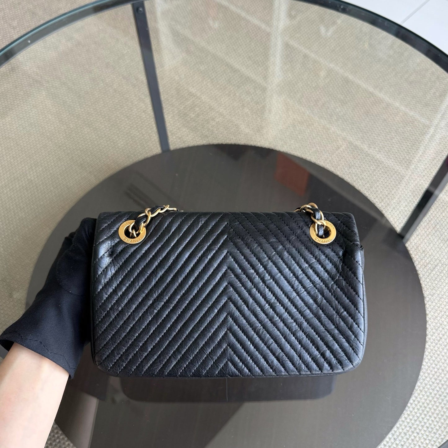 Chanel Seasonal Flap Small - 23CM Surpique CC Herringbone Medallion Flap Chevron Goatskin Black Gold Hardware Series 20